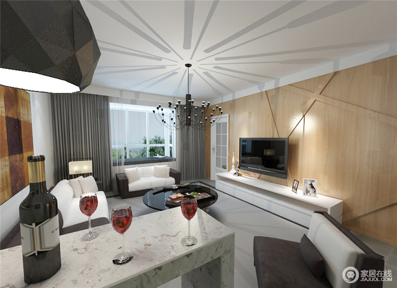 客厅一隅设计师设计了大理石吧台,细腻温润的