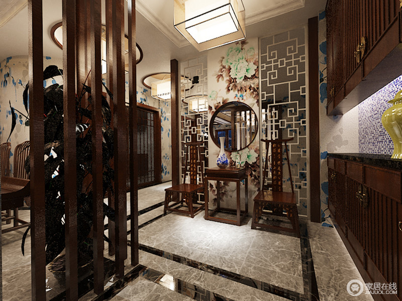 玄关处镂空屏风把中式的内敛含蓄表达的淋漓尽