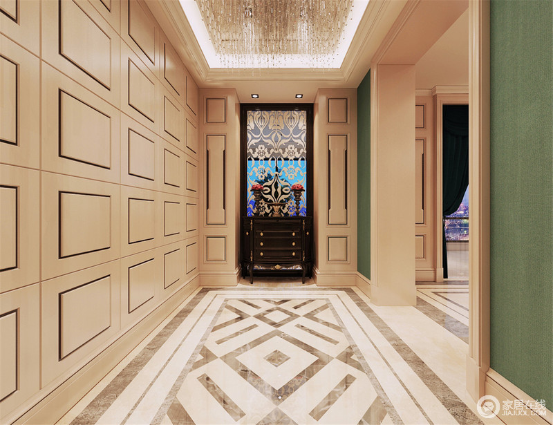 乳色系地墙面通过凹凸有致的方格子排列出几何