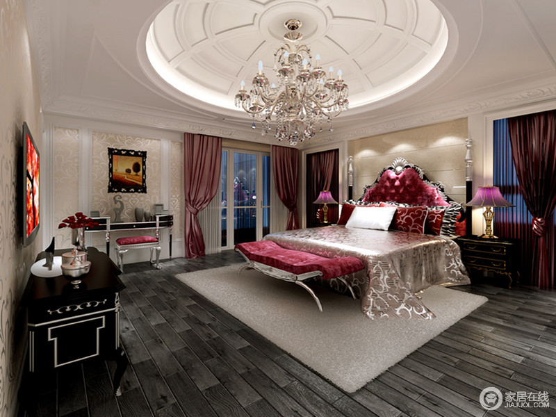 灰色地板带来整个卧室的暗沉,紫色床头及床尾