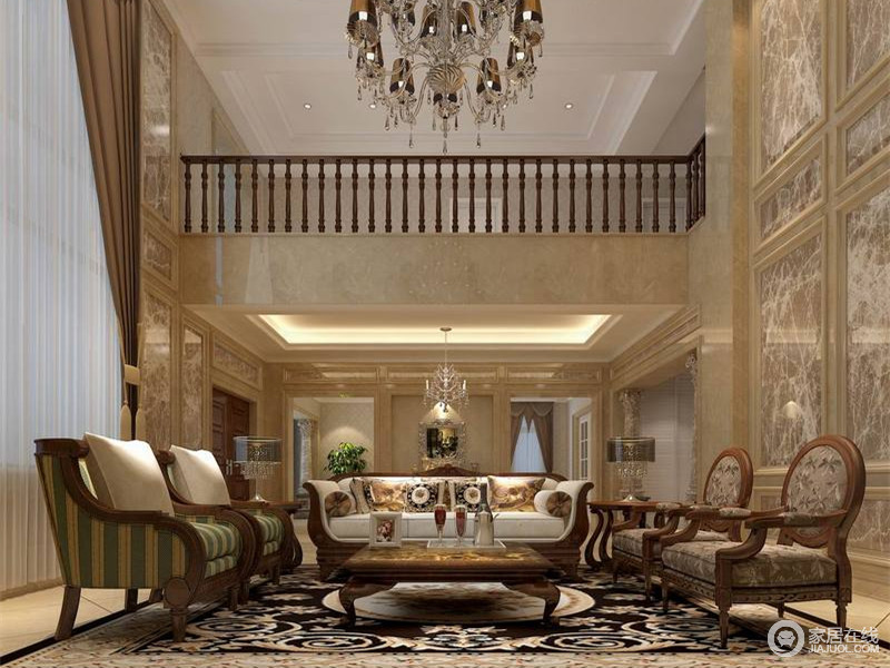 客厅利用淡黄色石材来建构起空间爽朗、敦实的