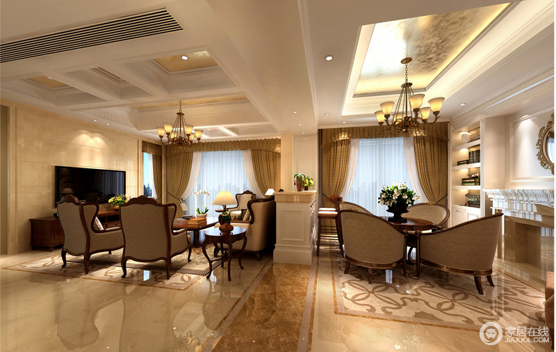 大理石堆砌的壁炉增加了建筑结构形式,金属镜