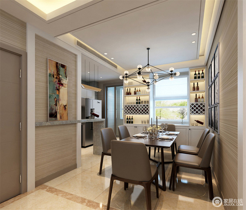 充满造型感的魔豆灯,带着工业冷峻性,一如灯光下的深棕色餐椅,带着man性十足的个性;围着窗台,设置了收纳区,满足餐厅的收纳需求。 443738-家居在线