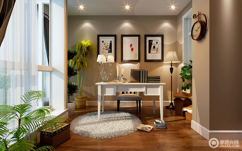 浅驼色,与地板的原木色,颜色相近,使空间充满了