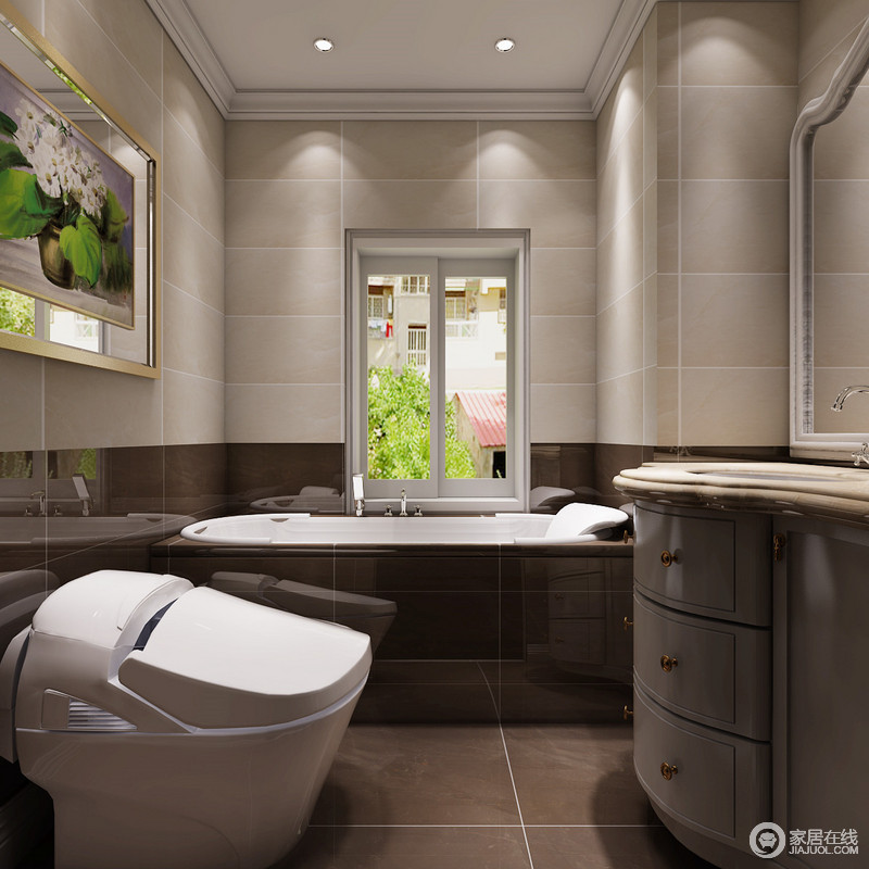 卫生间以灰驼色与褐色墙砖拼接，简单地以砖石的色彩来铺贴出色彩层次；独立浴缸满足私人沐浴的需求，半圆形盥洗柜兼具收纳作用，巧妙地融于空间，得体而实用。