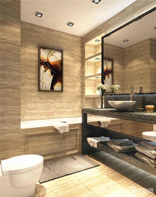 卫浴间整体基调为米黄色，大理石制成的盥洗台厚实耐用。