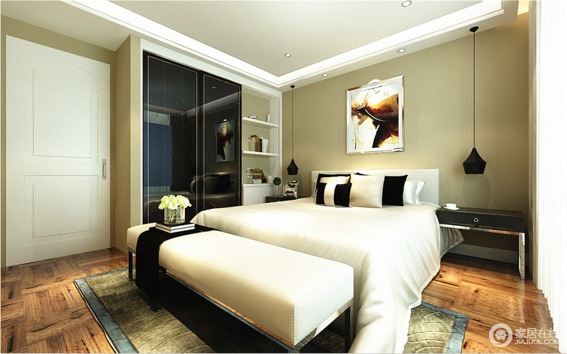 卧室遵循对称设计原则，悬挂式吊灯与边柜诠释了对称的美；白色床品与白色床尾凳相得益彰，在绿色地毯的映衬下愈加时尚现代。