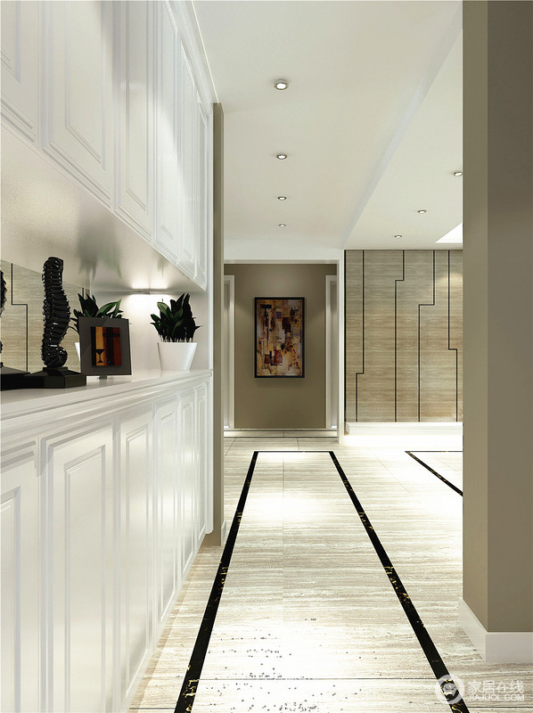 走廊地板木色，与白色一体柜形成清新自然之美。