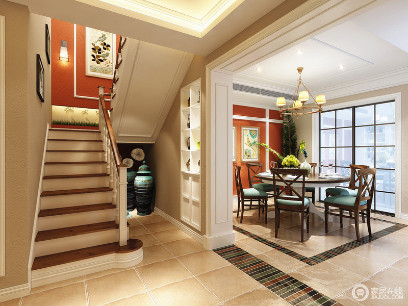空间的建筑结构美让家更具有设计语言，白色搭配朱红色，楼梯处也是一道亮丽的风景。