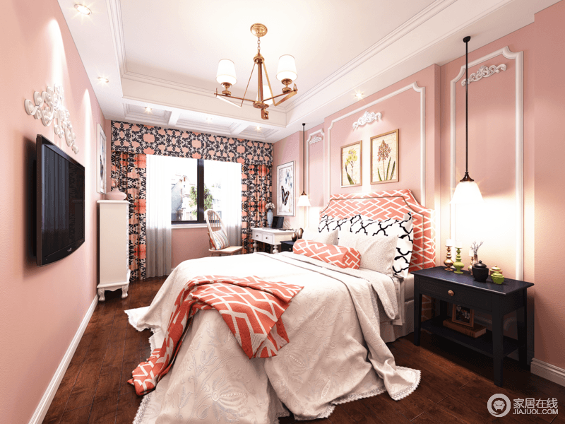 简洁的石膏线条分割出床头空间也装饰了墙面，淡雅的粉色让卧室甜美。