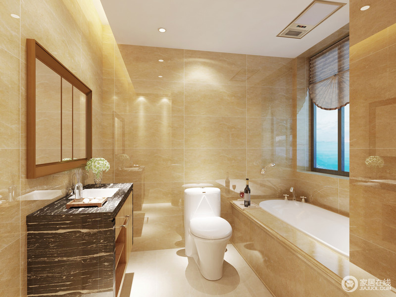 浴室通过淡黄色和白色穿插使用来摆脱单一用色的苍白感，从而让浴室更加明亮也富有弹性。