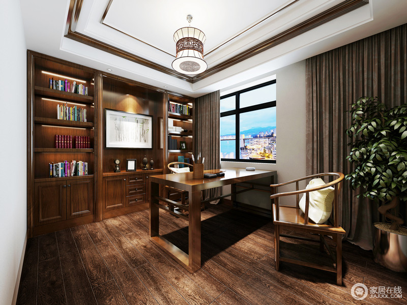 空间中根据中式设计而生发出灵感，将香樟木的阵阵香气散播到整个书房；中式圈椅流淌着中式匠心，让空间多维度变化。