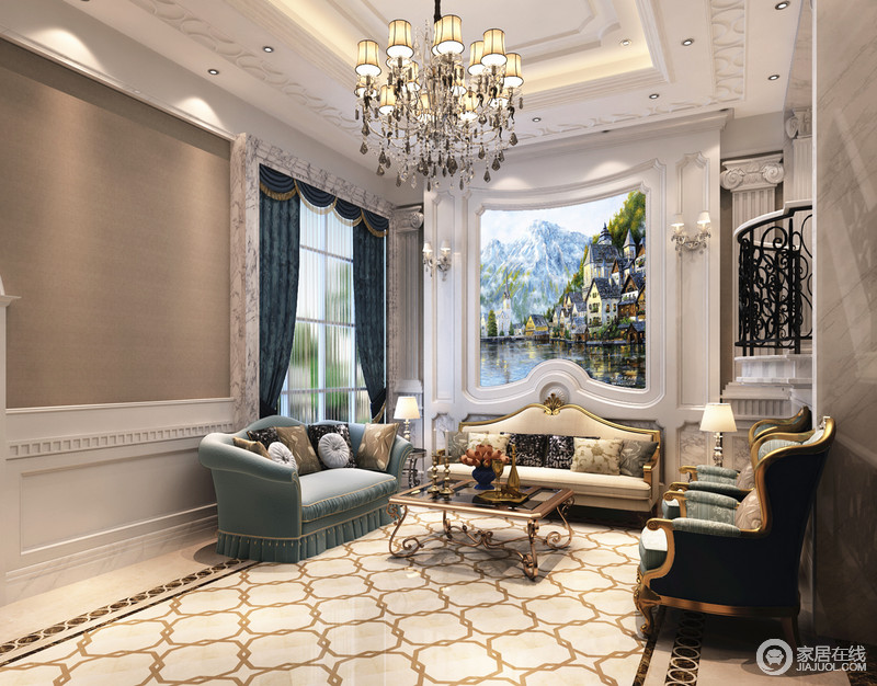 中性色调的中间中从来不缺乏优雅，蓝色欧式沙发复古也新潮，让客厅古典唯美中温柔。