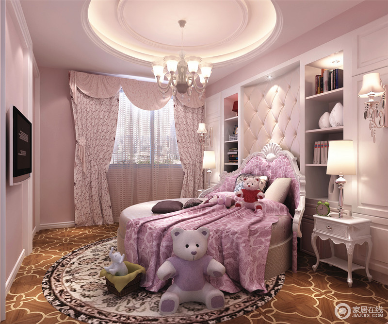 儿童房里弥漫着公主般地甜美，粉色系让空间柔和美丽。