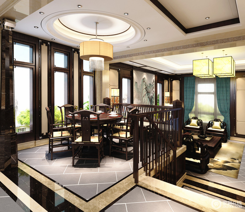 餐厅中中式餐桌餐椅突显着木材的厚实，精雕细琢、瑰丽奇巧，集艺术、收藏价值于一身。
