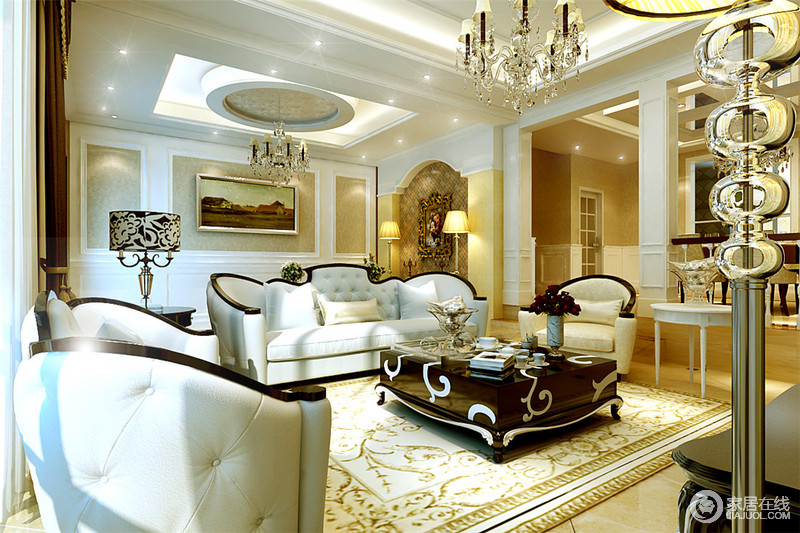 客厅采用多种元素融合，现代中蕴含复古，既有简欧的情调，又有新古典的浪漫。在白色系家具的装点下，在大面积阳光的入侵下，营造出清爽通透的居室空间。