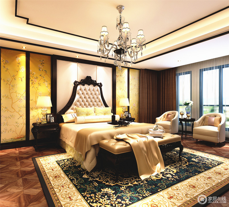 卧室中主题选用中性色突出其经典之美，明黄色植物背景墙与纷繁地地毯让空间更显古旧的明艳。
