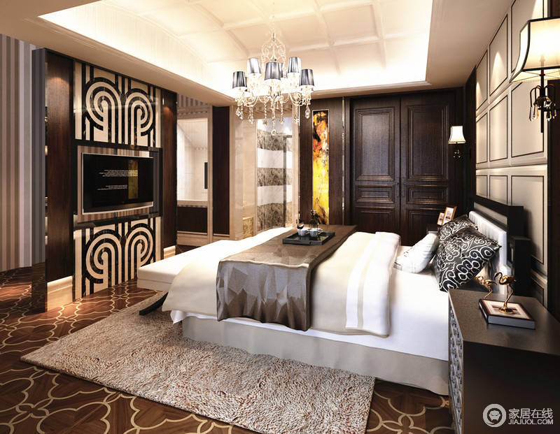 乳白色的空间被褐色木条框勾出中性地无拘无束，显露着卧室的不衰败的优雅。