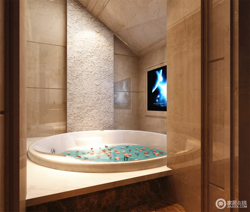 半封闭地浴室提供了更加安静而私密的沐浴时光，粗粝的岩石和平滑的墙面围筑起原野般的卫浴空间。