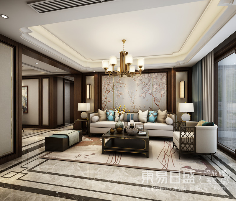  在客厅的设计上以白色的沙发、雅致的梅花背景墙，烘托出空间素雅的格调。