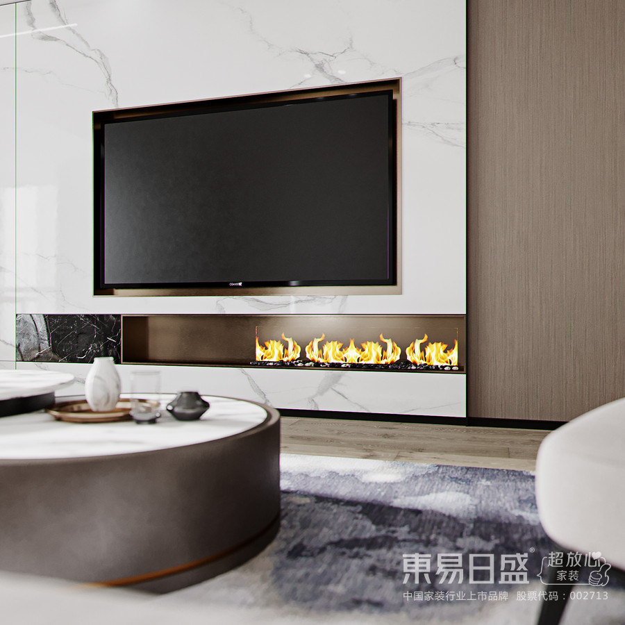 客厅在色调上以高级灰+白色为主，搭配金属色线条及暗藏式黑钛金踢脚线条，还有家具中
原木色点缀等，彰显现代人对品质生活的追求。