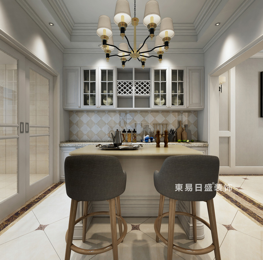 桂林自建别墅518㎡美式风格：西厨房餐厅装修设计效果图
