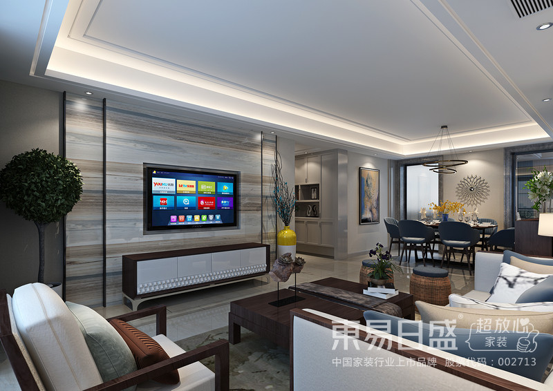 电视墙的石材造型简洁现代，沙发背景水墨意境，地砖错乱铺贴，现代与中式完美组合。