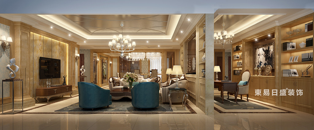 桂林国奥城四居室190㎡欧式风格：客厅书房装修设计效果图