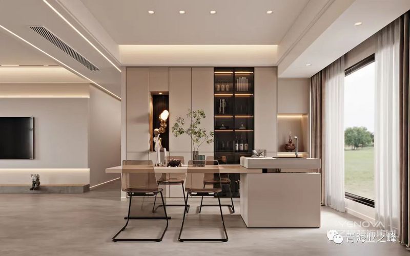 餐厅做了中岛台+餐桌的设计，对于空间的利用更加细致，也能让餐桌与岛台的质感统一，让空间风格更加和谐大气。
