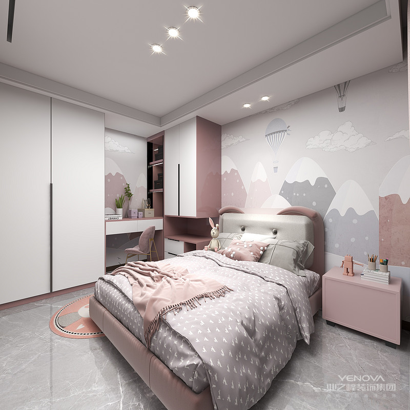 女儿房墙面采用粉色强制，衣柜也是很温馨的浅粉色，整体干净清新