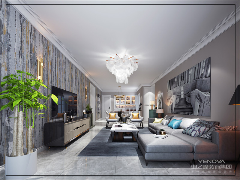 客厅的色调在灰白基础上，通过电视背景的灰色点缀，让空间的层次得到不一样的呈现。