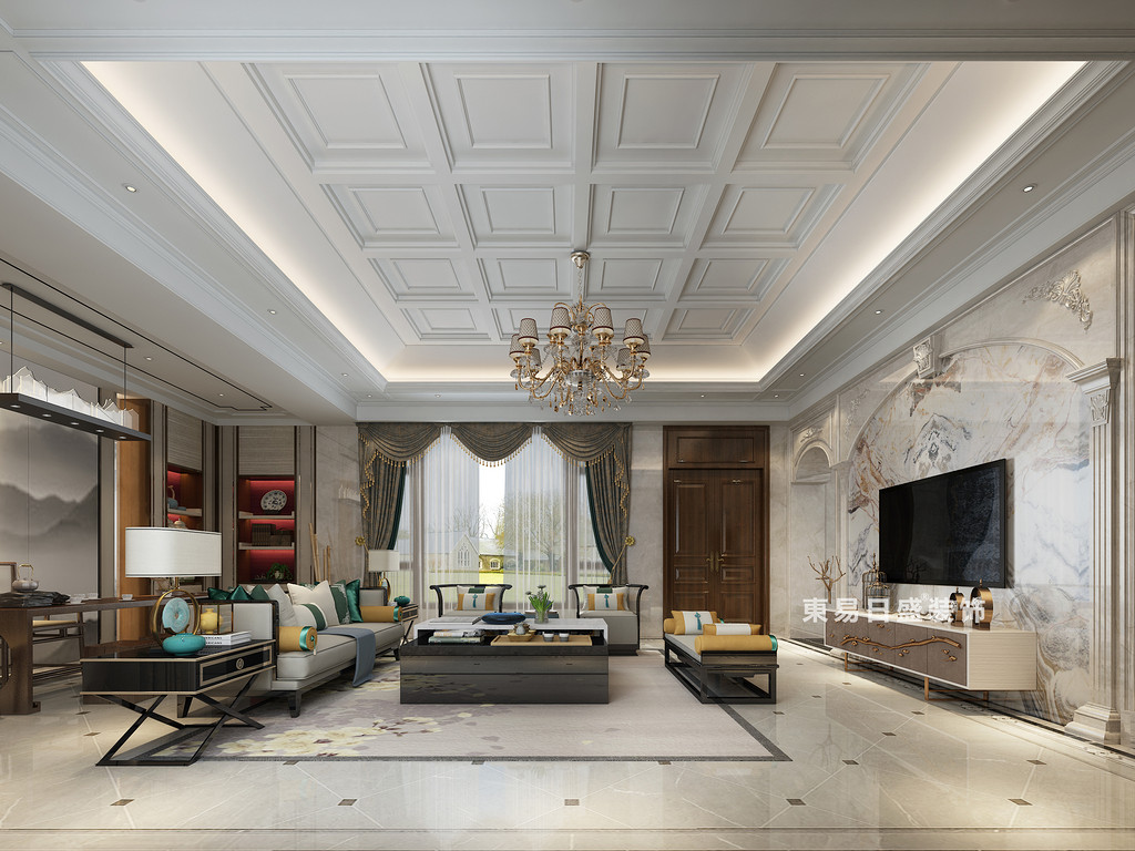 桂林自建别墅1600㎡中式和欧式混搭风格：客厅装修设计效果图