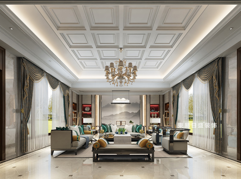 桂林自建别墅1600㎡中式和欧式混搭风格：客厅飘窗装修设计效果图