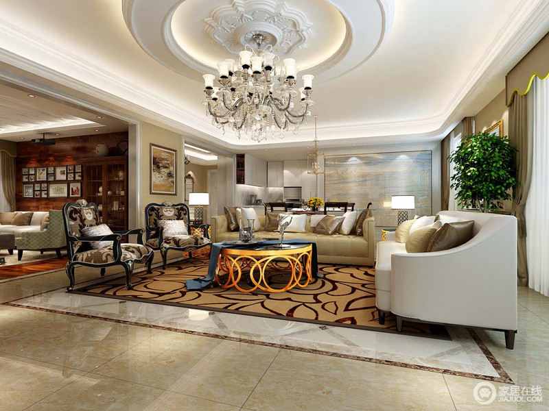 客厅将不同风格的沙发、扶手椅混搭，加上耀眼的金属色几何玻璃茶几，优美的印花地毯，精致细腻的浮雕天花和垂坠的璀璨光华的水晶灯，构筑出奢贵华美气质的空间。