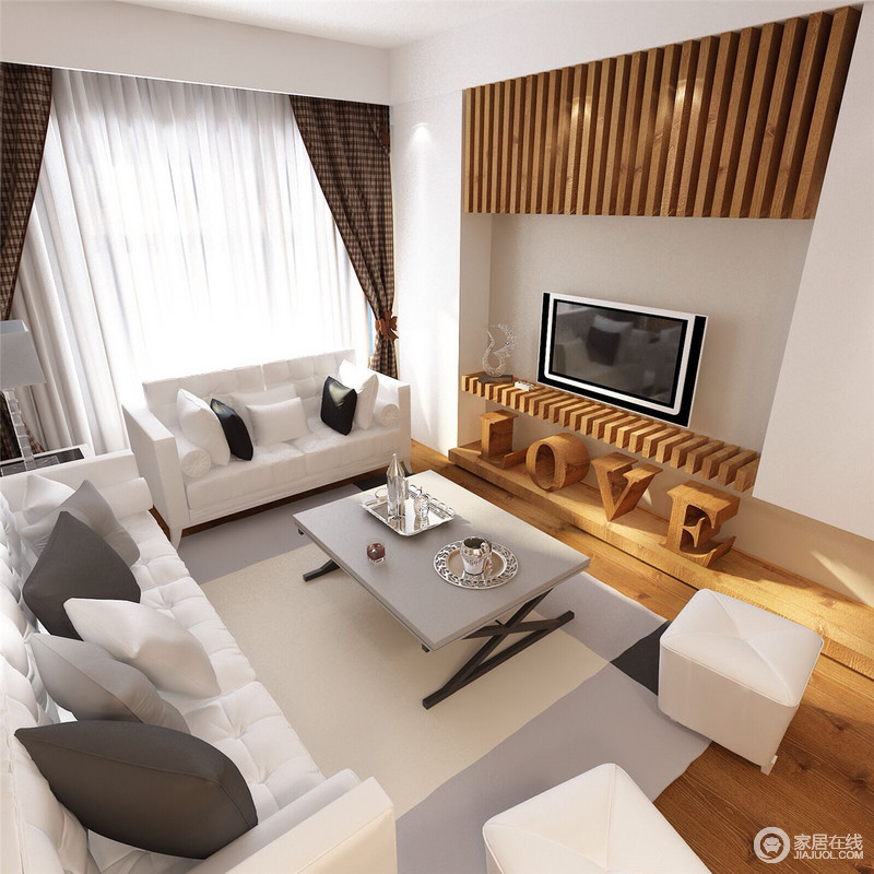 客厅以木色地板和造型墙铺垫着温馨的氛围，木楞制造的现代感是自然的装饰；白色简约沙发和茶几的轻柔更显舒适和放松。