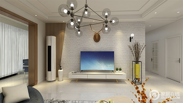 客厅以白色与原木色为基础色调，让客厅风格显得干净明快，纯洁安宁。整面造型柜代替了电视墙的功用，洁白细腻的色泽与客厅环境完美融为一体。
