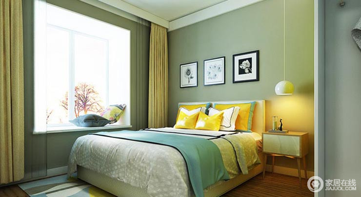 在这个现代简约感十足的卧室里，涂抹着绿灰色的墙面下搭配深色系的瑞士卢森地板，还有地板上的拼接似的的地毯和床头墙面上的装饰，这些精致的设计，无不彰显出时尚简约之感。