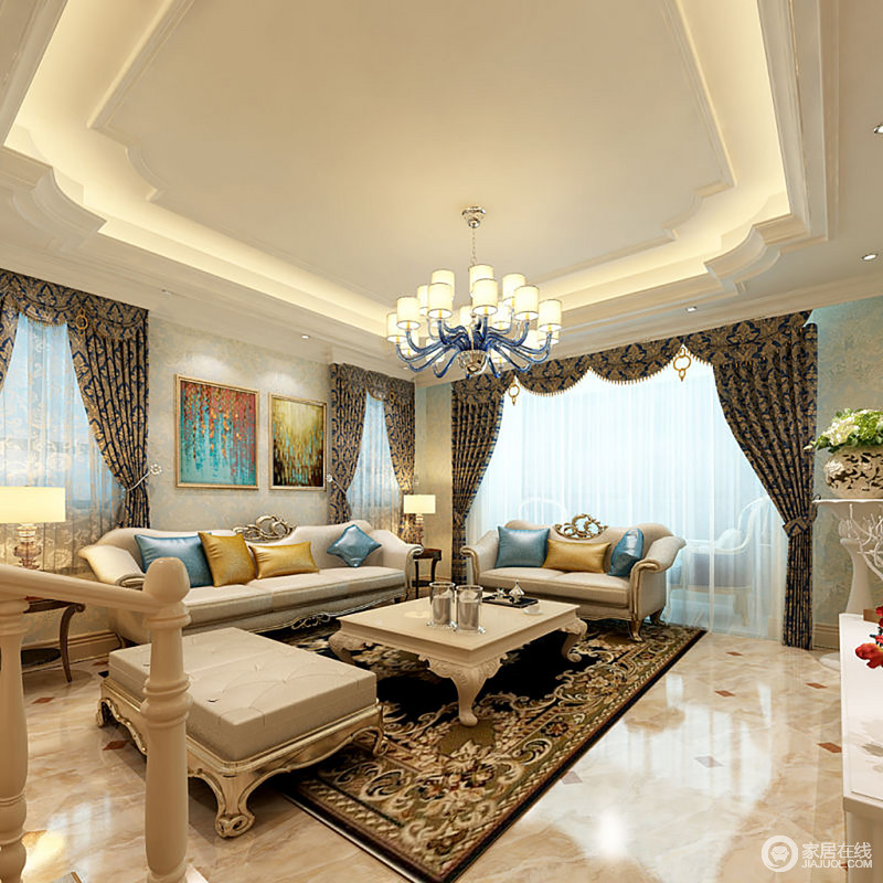 简洁明亮的客厅带给我们无尽地恬静，黄色花纹罗马帘将传统与复古带入空间，与地毯和家具形成浓郁的欧式奢华。
