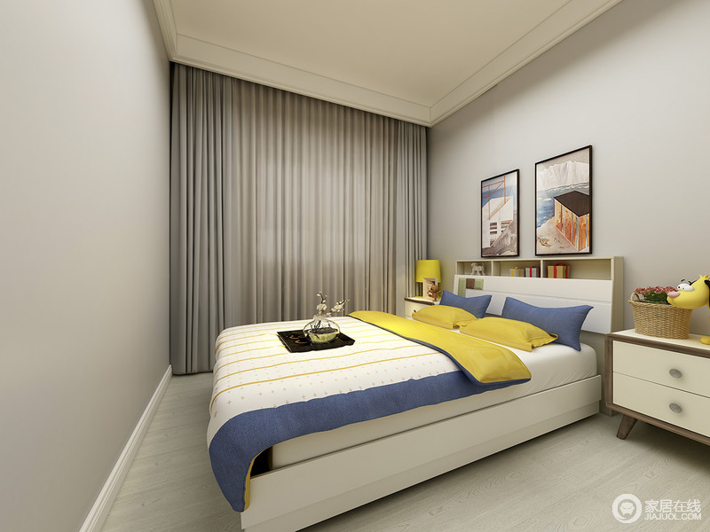 卧室选用了一般浅灰色作为墙面色彩，与清新的原木地板相映成趣；床头装饰的挂画与蓝黄白相间的床品，又互相辉映出多姿多彩的活力。