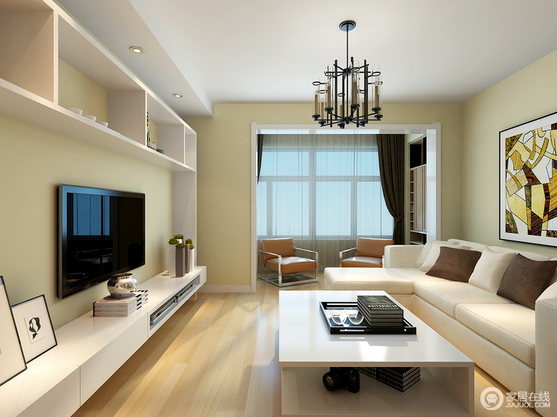 温馨柔和的米色系，营造出客厅空间的舒适度；设计师在电视墙上设计了置物架和悬空电视柜，增加空间上的实用功能。