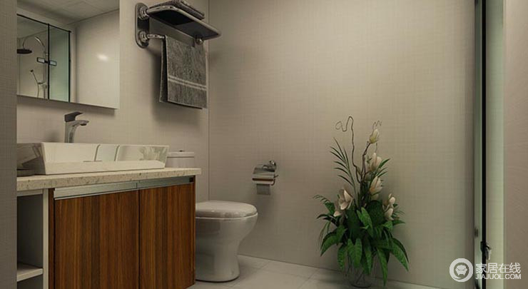 在以白色为主卫生间里，西班牙进口地砖的白色地砖与白色墙砖融为一体，意德法家浴室柜安置于一侧，深色系的设计为这个白色空间增添了一份古典的气息。