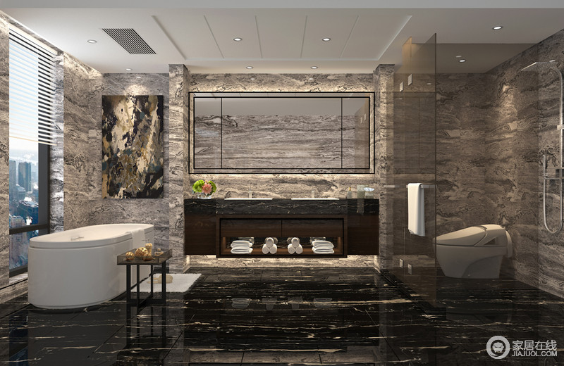 土色和黑色黄岗岩组合成一个富有中式墨韵写意的卫浴空间，不同的色泽暗调却不失高雅。
