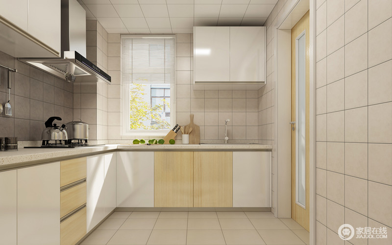 厨房的设计具有浓烈的现代气息，设计师采用的是意德法家的橱柜，品质有保证，它的颜色和地板的颜色相辅相成，营造出一种温馨的感觉。