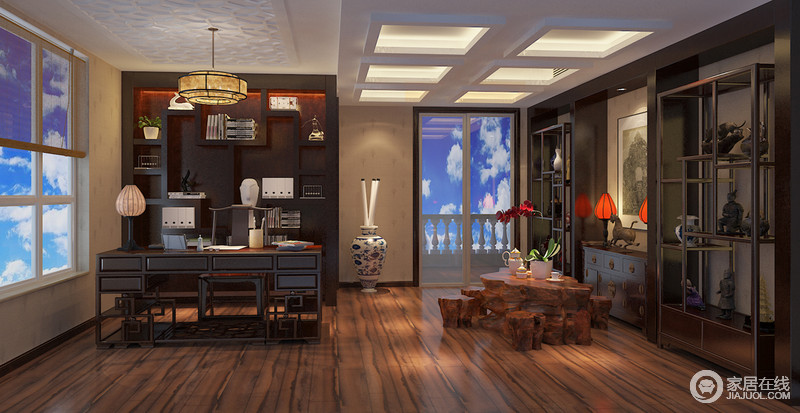 空间中利用制作木造型来连接起家具与空间的关系，棕色调饱满而沉着地色调，让空间更加广阔。