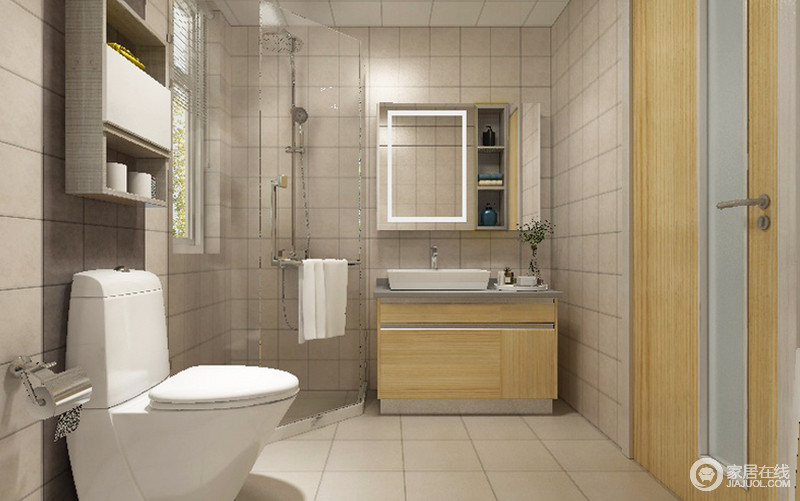 卫生间主要的色调是米白色，淋浴和卫生间分开来，避免潮湿，精心打造的浴室柜对空间的利用恰到好处。