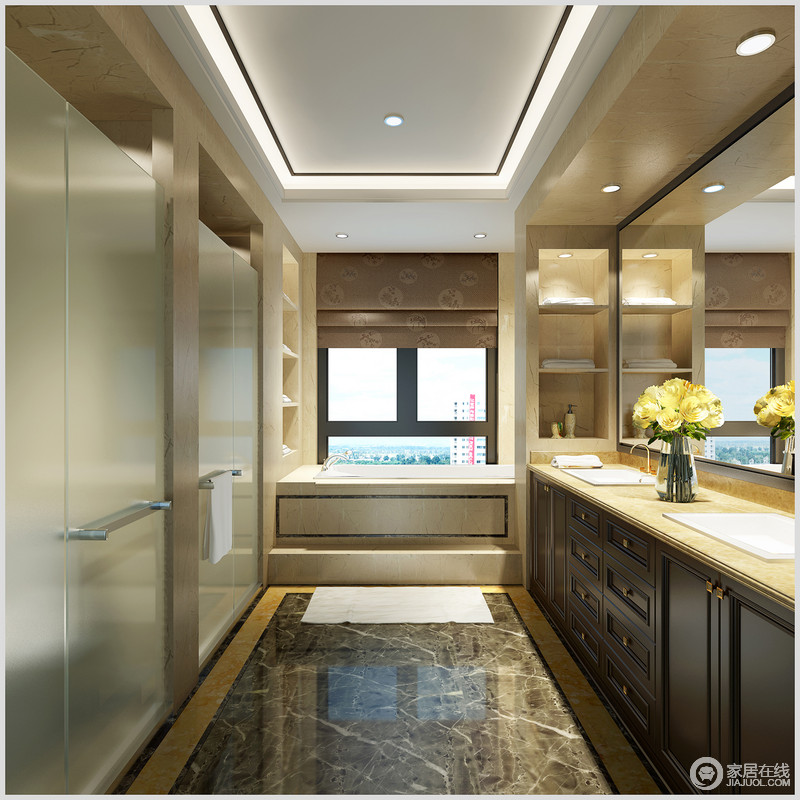 卫浴间以简约的造型为基础，利用大理石打造出置物区，令空间整齐划一，硬朗而洁净。  