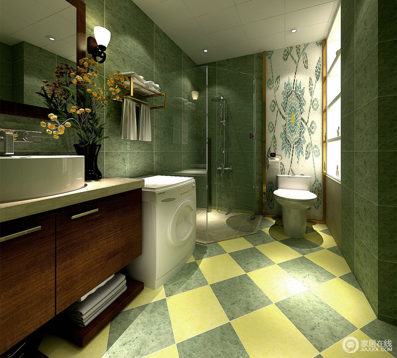 为了呼应空间上的绿意，卫生间使用大面积的绿色铺装，地板与马桶背景则饰以棋盘格和马赛克拼花，一下子使空间层次得到丰富。拐角的玻璃隔离的淋浴间，使空间的干湿有效分离。
