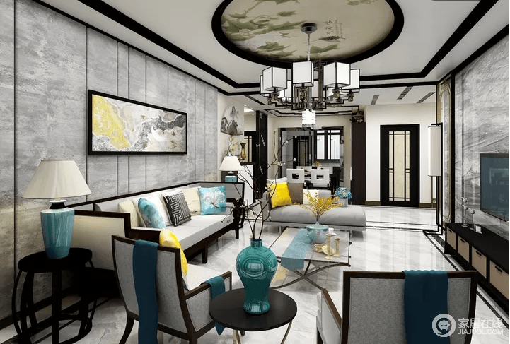客厅的沙发背景墙与吊顶让整体显出朴素中的华美，几何之中多了绘画的美感；浅灰色地砖、新中式沙发因为蓝色和黄色靠垫带来色彩明艳。
