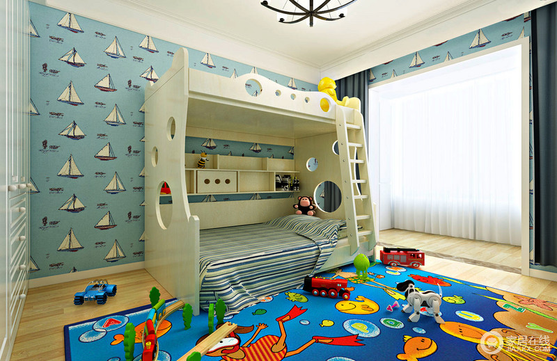 卧室以蓝色帆船壁纸为孩子描绘一个蓝景图，双层床兼具休息和收纳的作用；色彩亮丽、童趣烂漫的地毯与玩具表述了设计的主题，活力皆生趣。