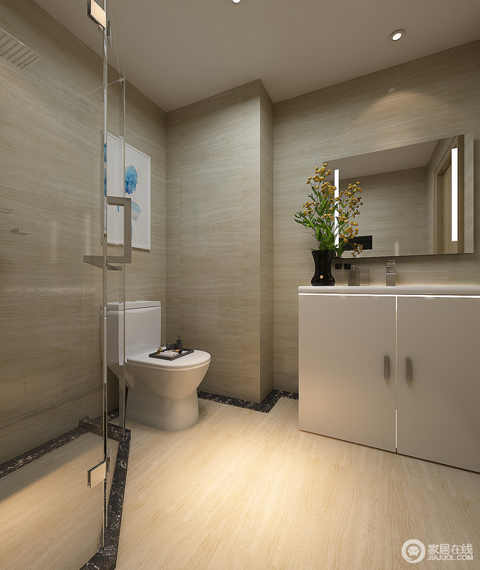 卫浴间虽然面积不大，可谓“五脏俱全”，以干湿分区来满足生活上的需求，驼色的砖石色彩暗淡，却不乏味，素净之中与整体空间的简洁线条相匹配，以现代设计筑就简约空间。